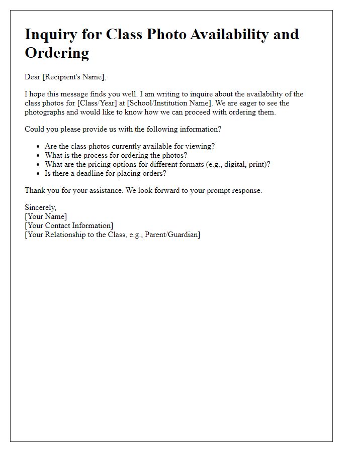 Letter template of inquiry for class photo availability and ordering.