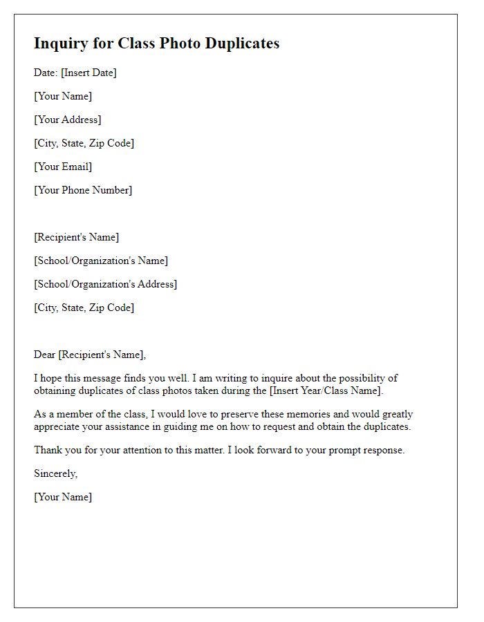 Letter template of inquiry for obtaining class photo duplicates.