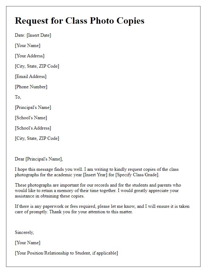 Letter template of request for class photo copies from the school administration.