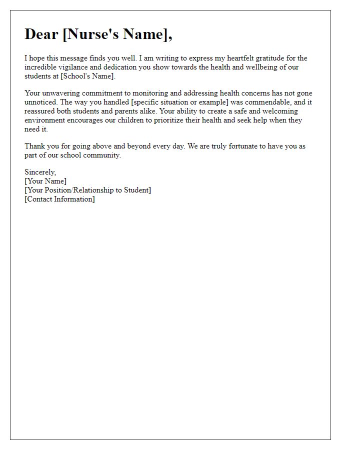 Letter template of gratitude for the school nurse's vigilance in student health.