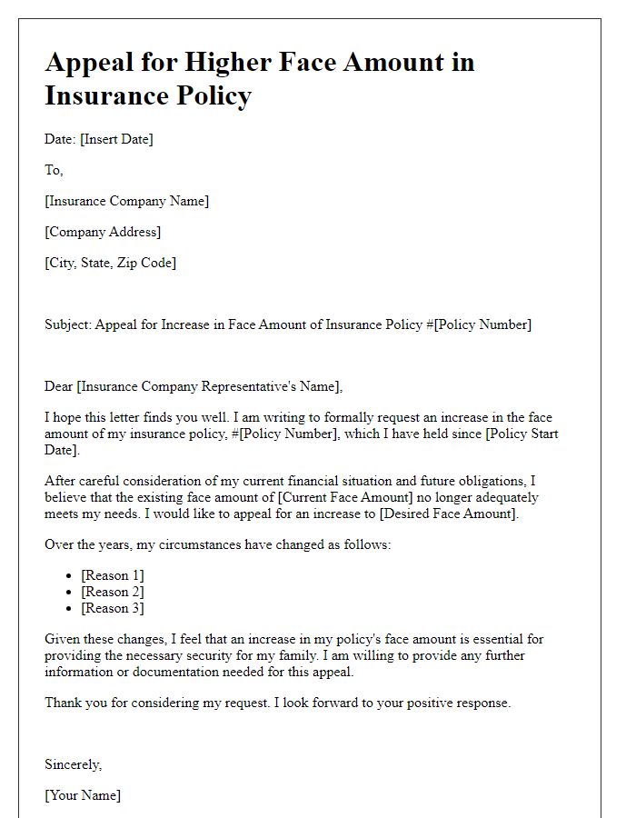 Letter template of appeal for higher face amount in insurance policy