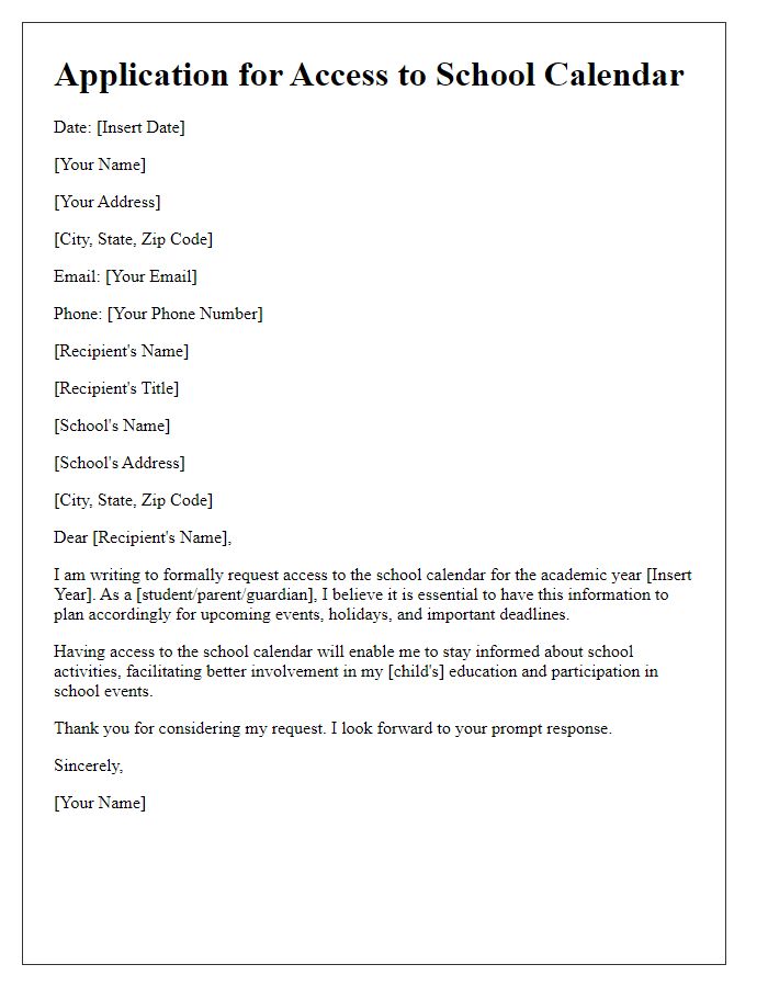 Letter template of application for access to the school calendar.