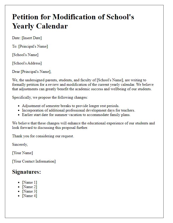 Letter template of petition for the school's yearly calendar.