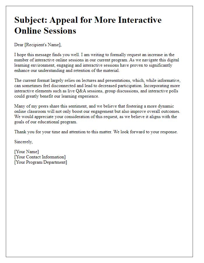 Letter template of appeal for more interactive online sessions