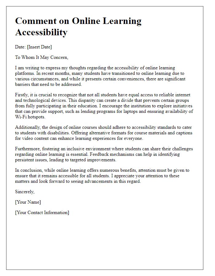 Letter template of comment on online learning accessibility