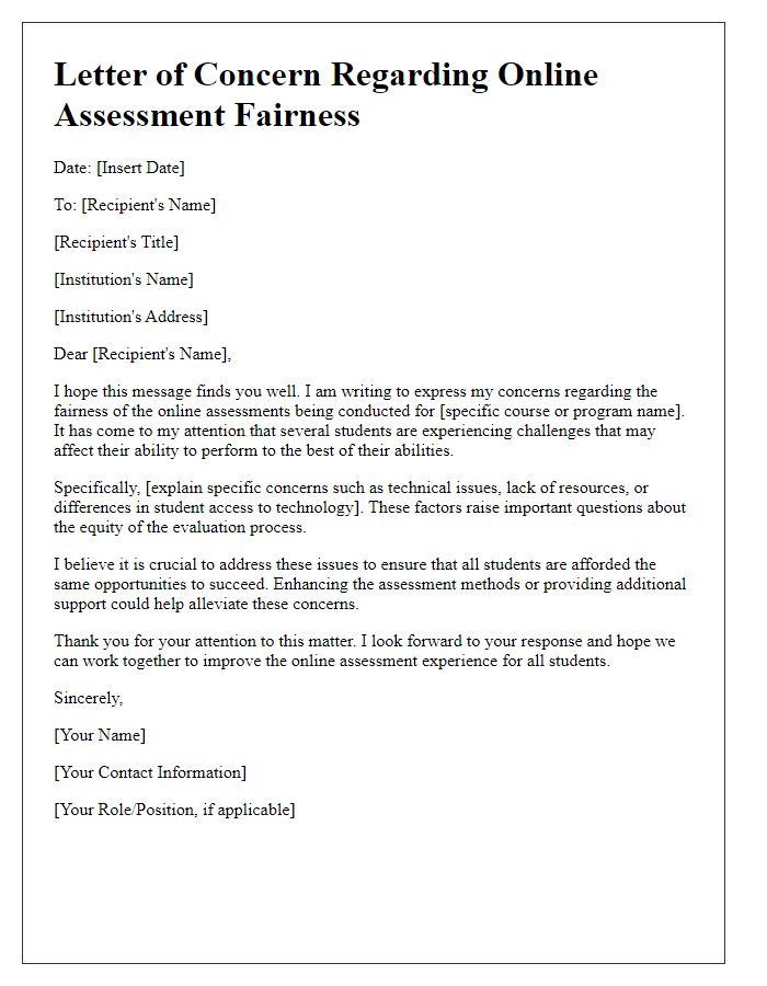 Letter template of concern over online assessment fairness