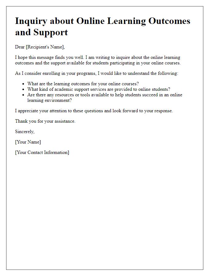 Letter template of inquiry about online learning outcomes and support