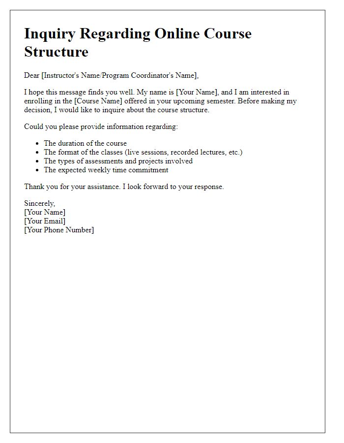 Letter template of inquiry regarding online course structure