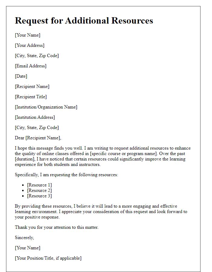 Letter template of request for additional resources in online classes