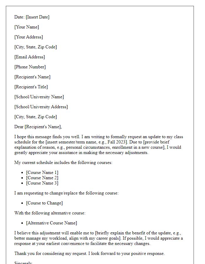 Letter template of formal request for class schedule update