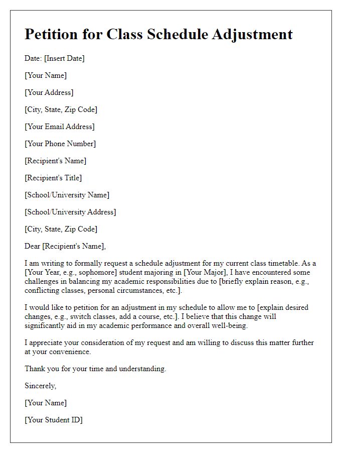 Letter template of petition for class schedule adjustment