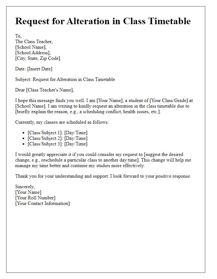 Letter template of request for alteration in class timetable