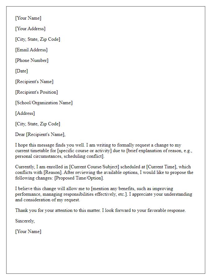 Letter template of request for timetable change