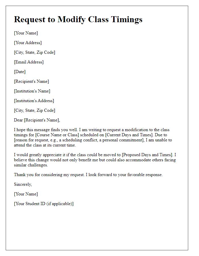 Letter template of solicitation to modify class timings