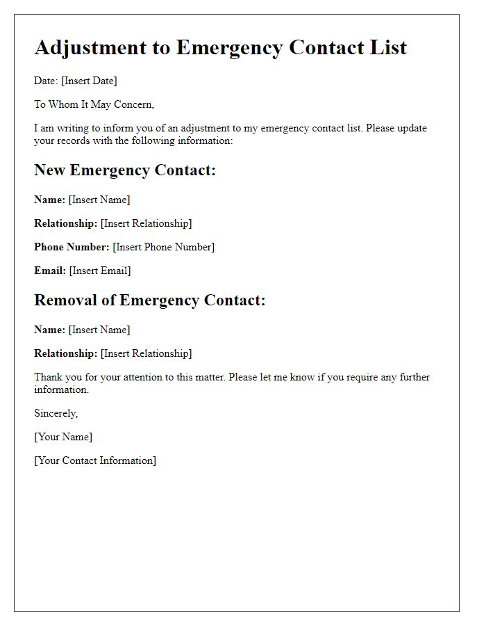 Letter template of adjustment to emergency contact list