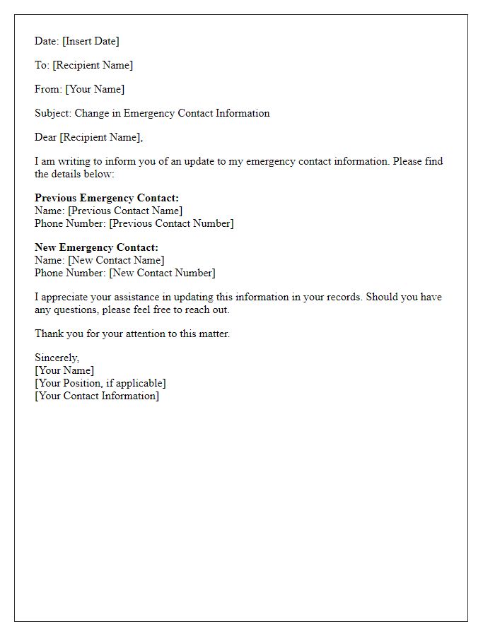 Letter template of change in emergency contact information