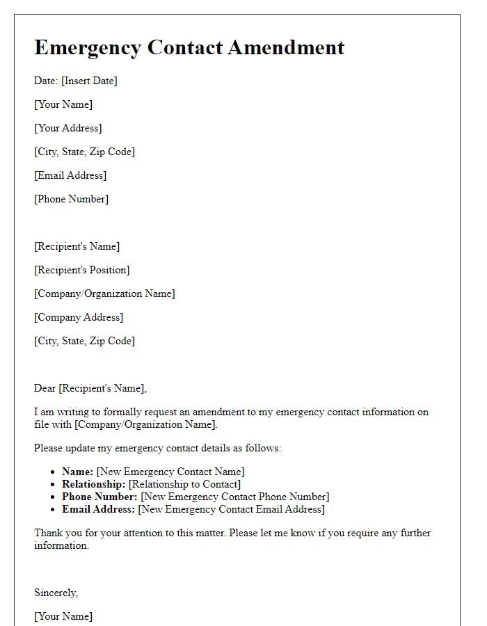 Letter template of emergency contact amendment