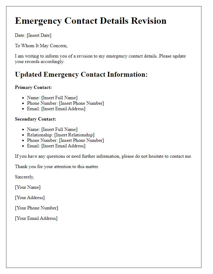 Letter template of emergency contact details revision