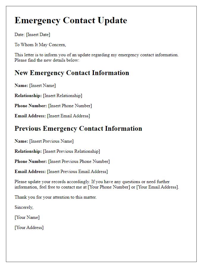 Letter template of emergency contact update for family