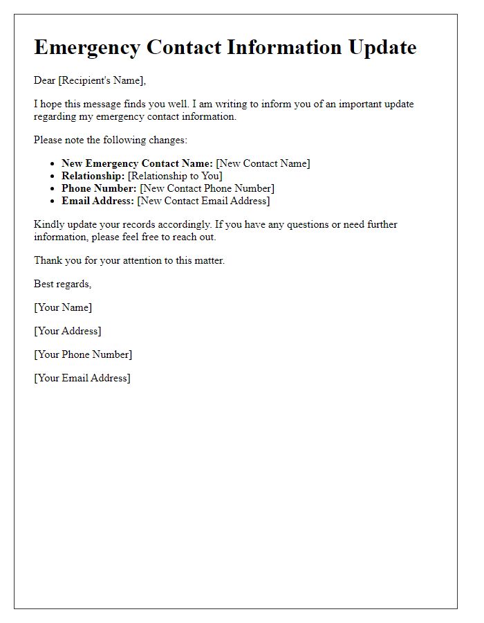 Letter template of informing about emergency contact changes