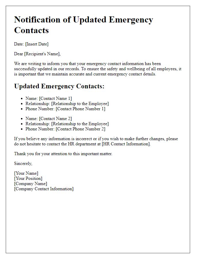 Letter template of notification for updated emergency contacts