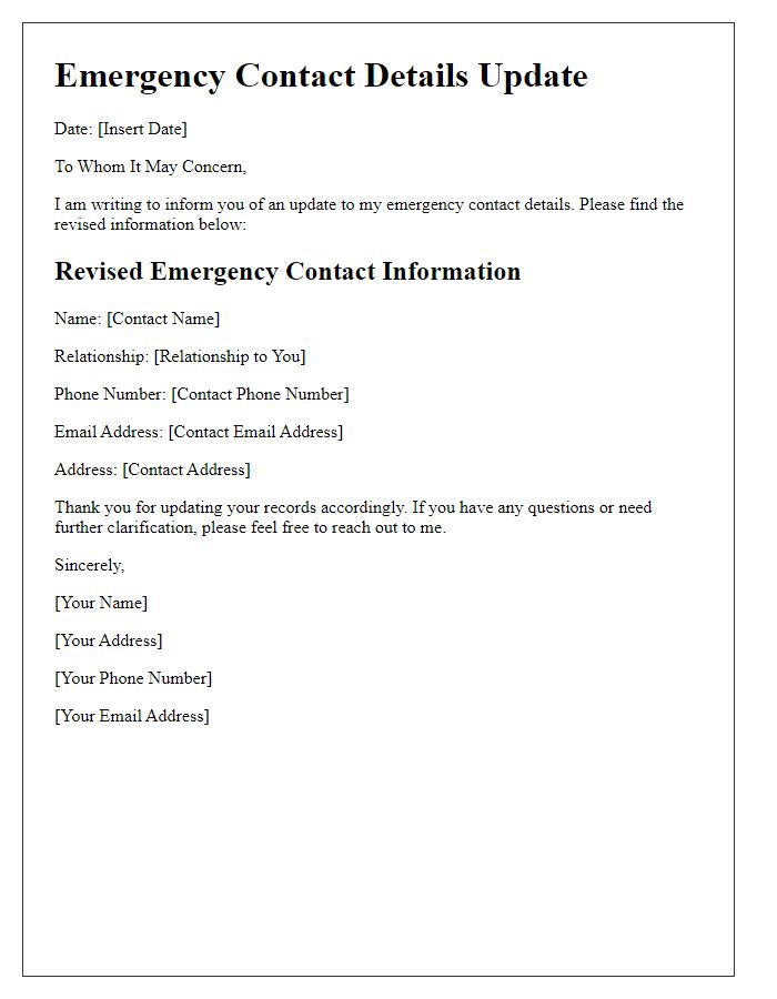 Letter template of revised emergency contact details