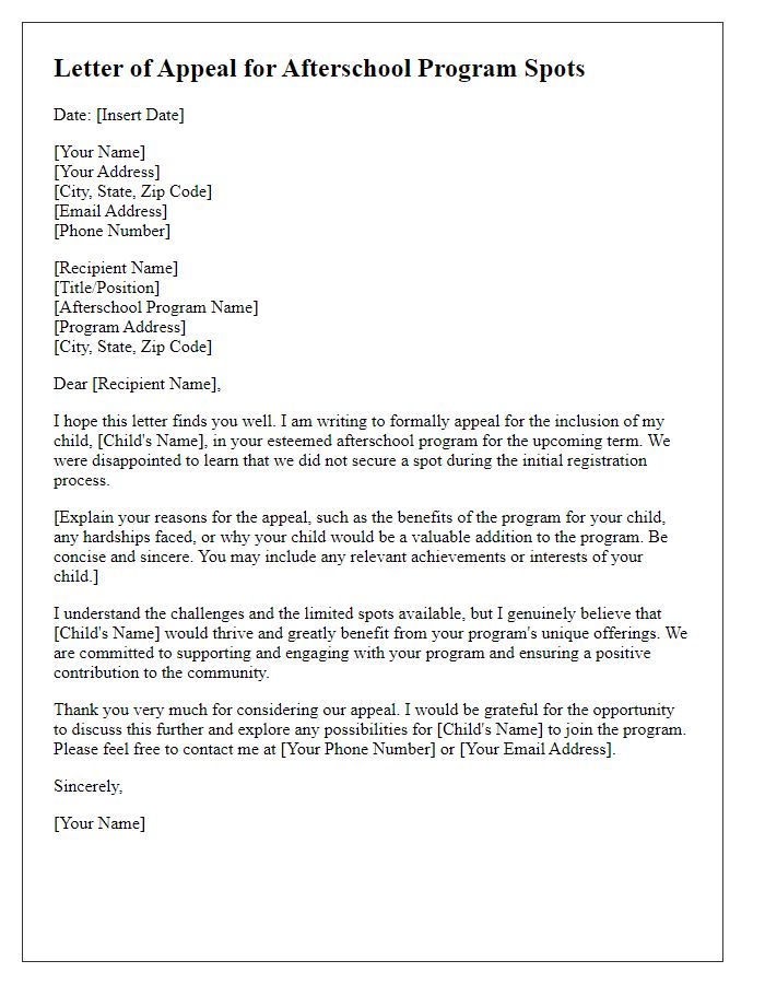 Letter template of appeal for afterschools program spots