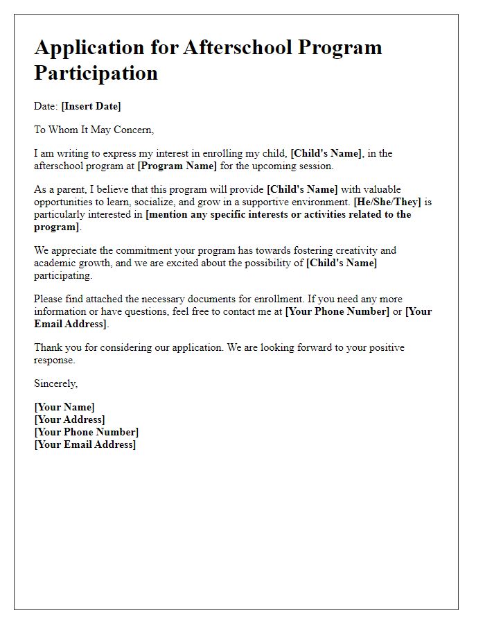 Letter template of application for afterschool program participation