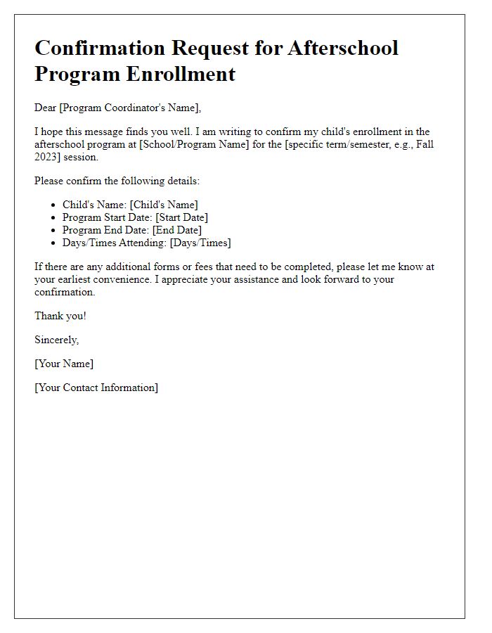 Letter template of confirmation request for afterschool program enrollment