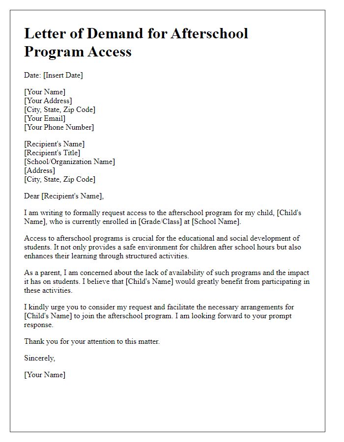 Letter template of demand for afterschool program access