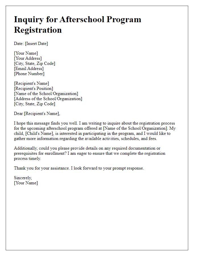 Letter template of inquiry for afterschool program registration