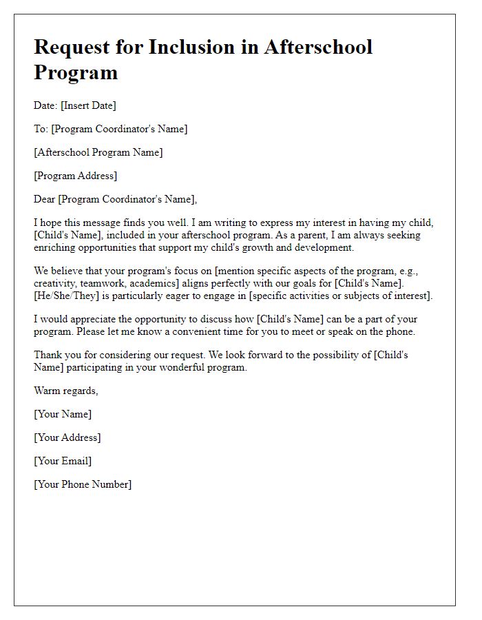 Letter template of pursuit for afterschool program inclusion