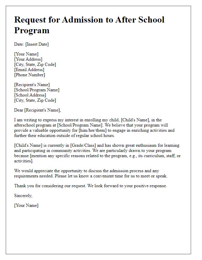 Letter template of request for afterschool program admission