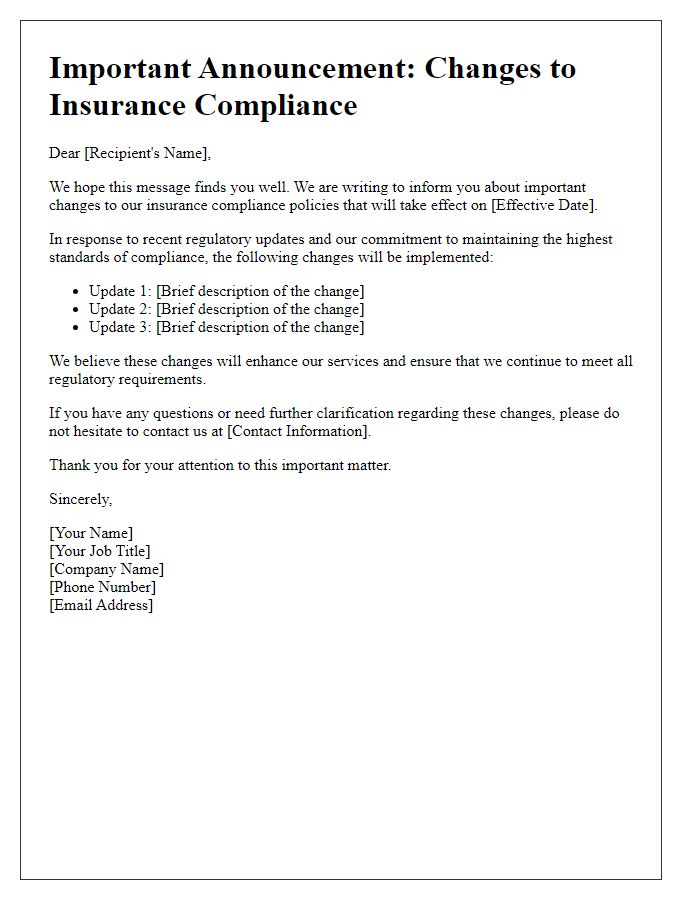 Letter template of insurance compliance changes announcement