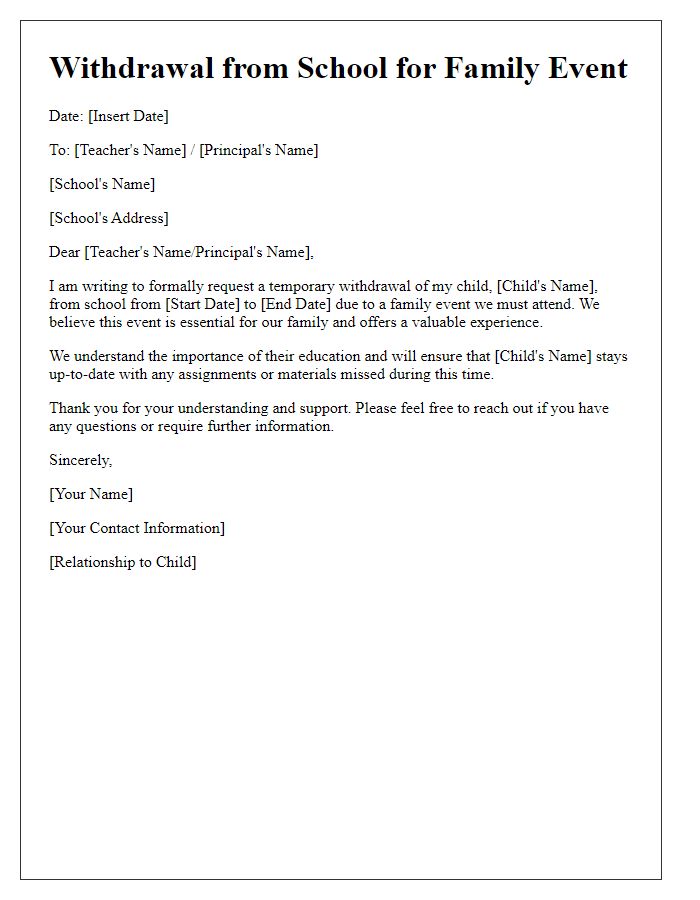 Letter template of school vacation withdrawal to attend a family event