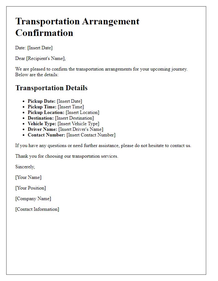 Letter template of Transportation Arrangement Confirmation