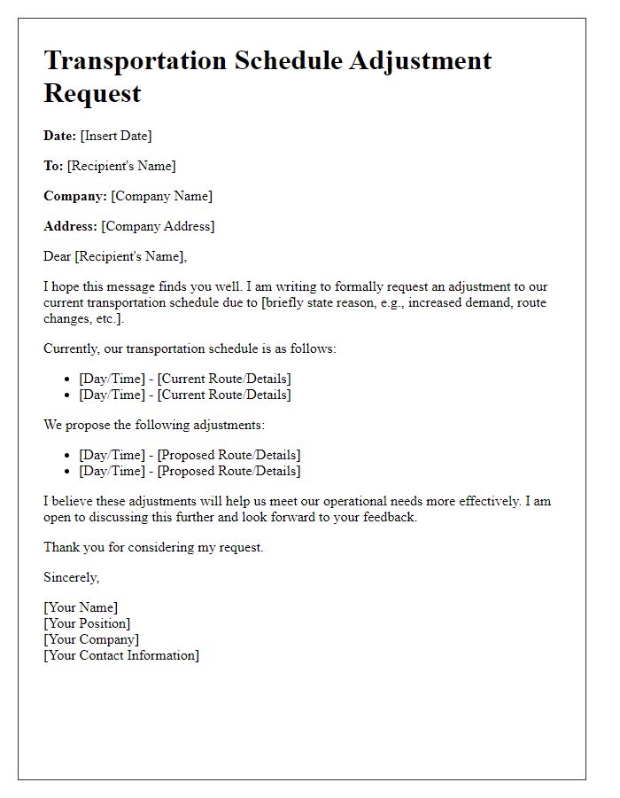 Letter template of Transportation Schedule Adjustment Request