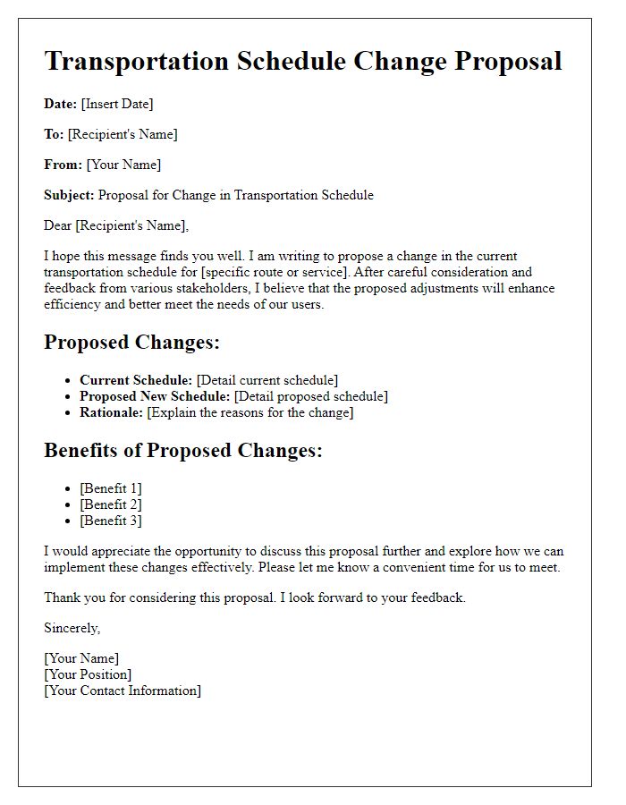 Letter template of Transportation Schedule Change Proposal