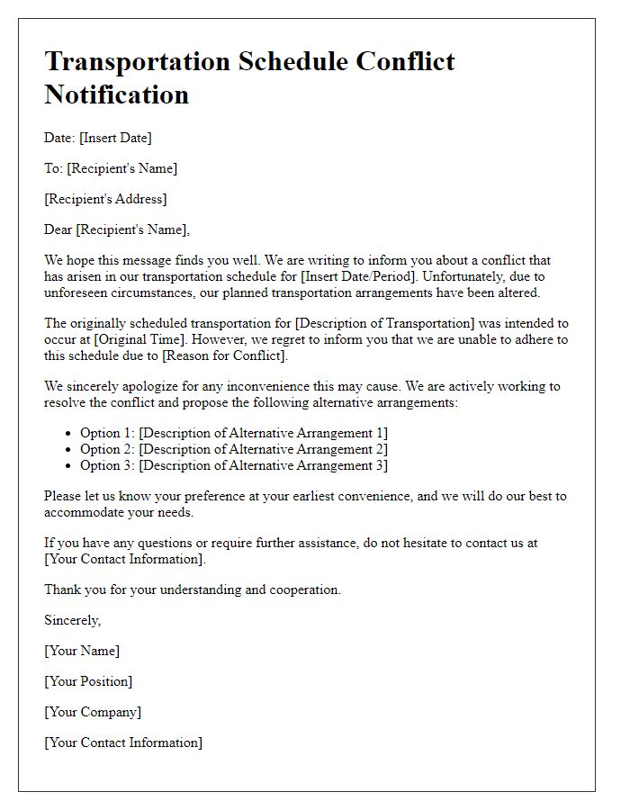 Letter template of Transportation Schedule Conflict Notification