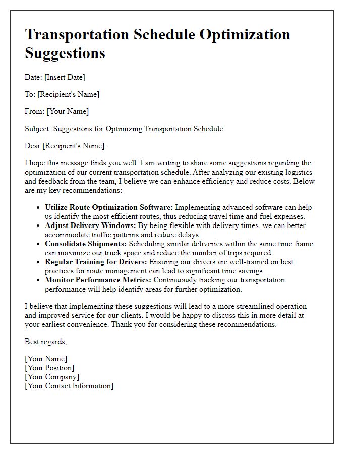 Letter template of Transportation Schedule Optimization Suggestions