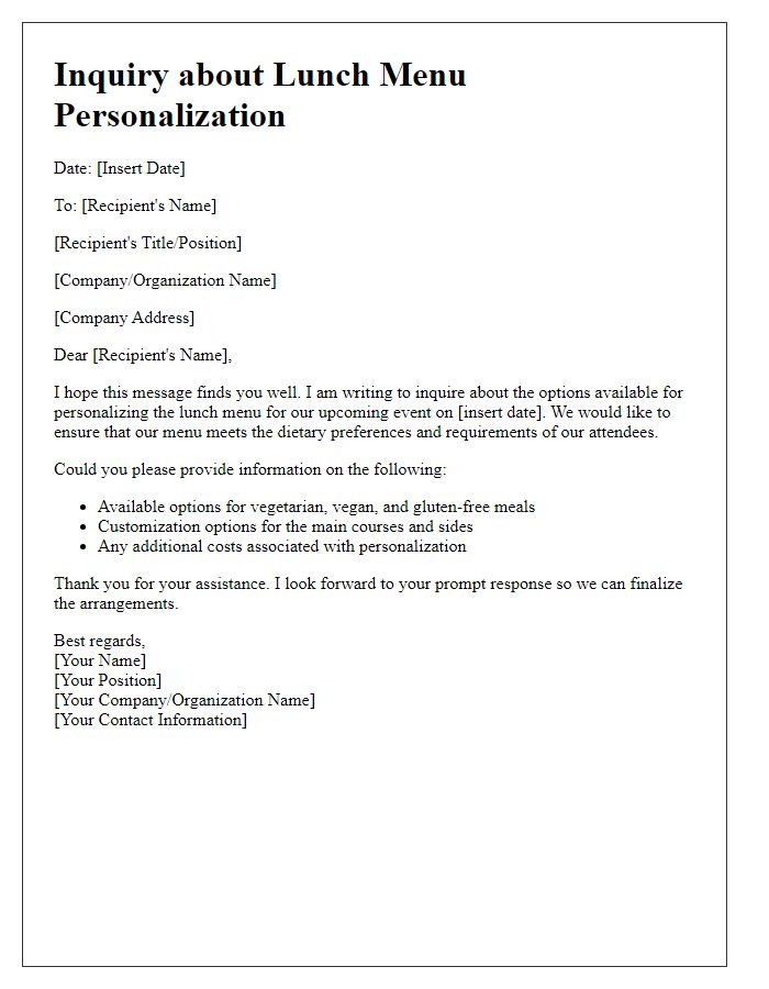 Letter template of inquiry for lunch menu personalization options.