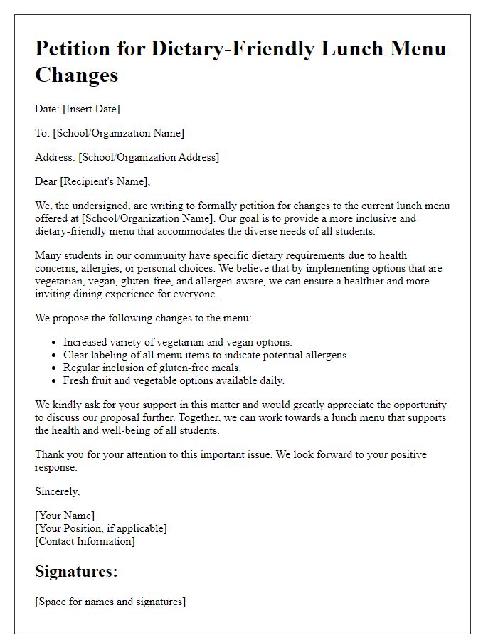 Letter template of petition for dietary-friendly lunch menu changes.