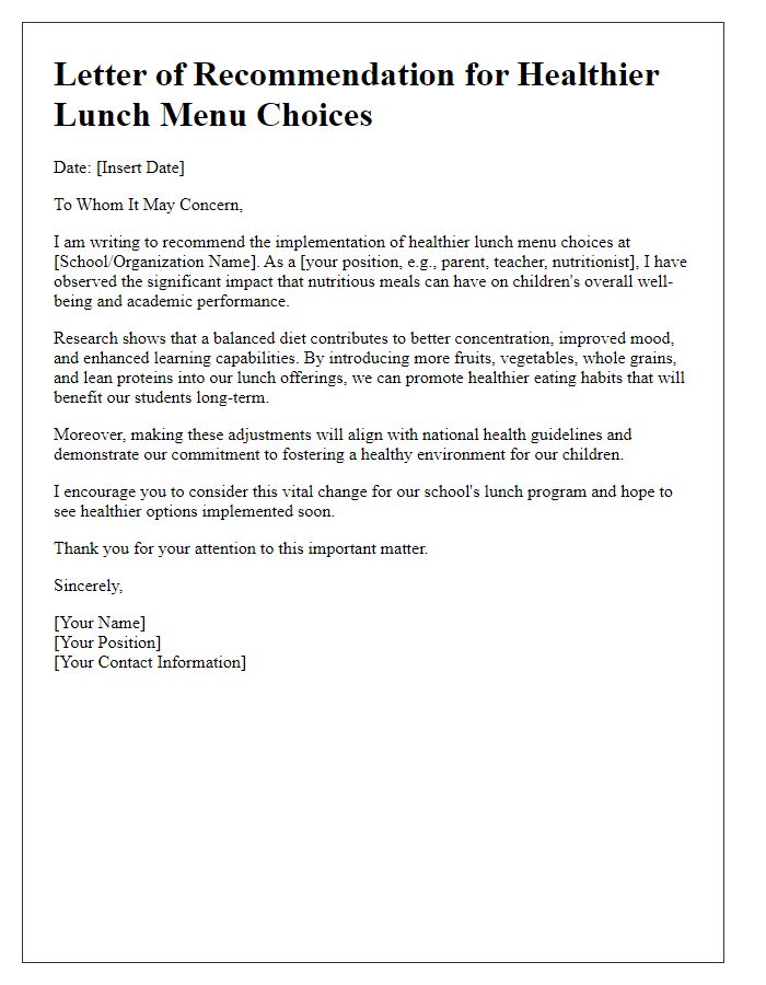 Letter template of recommendation for healthier lunch menu choices.