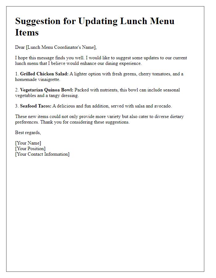 Letter template of suggestion for updating lunch menu items.