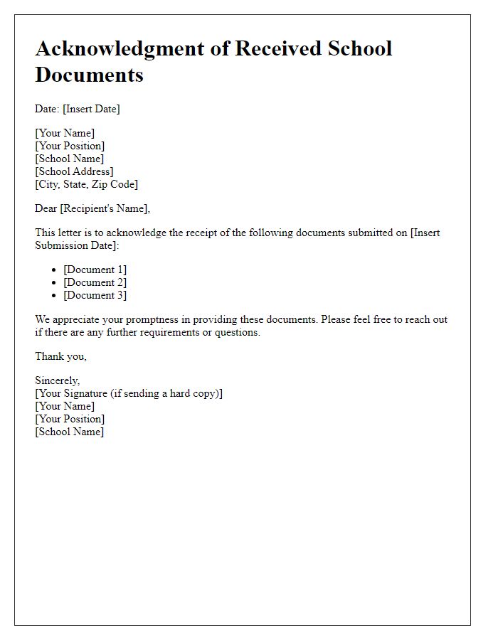 Letter template of acknowledgment for received school documents