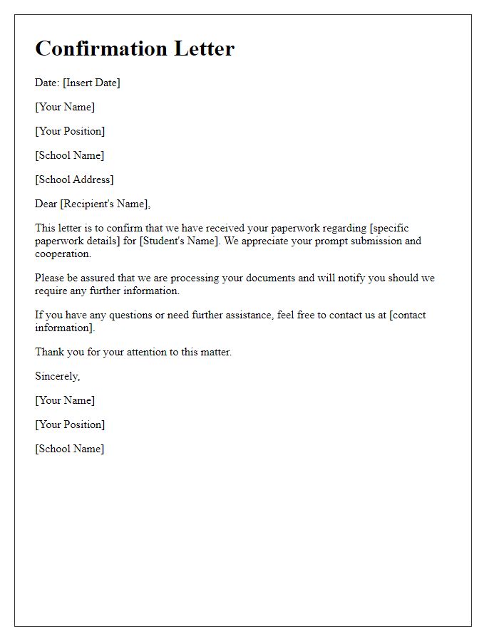 Letter template of confirmation letter for school paperwork