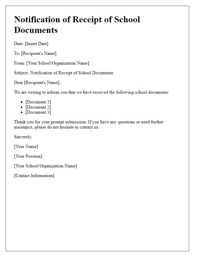 Letter template of notification for receipt of school documents