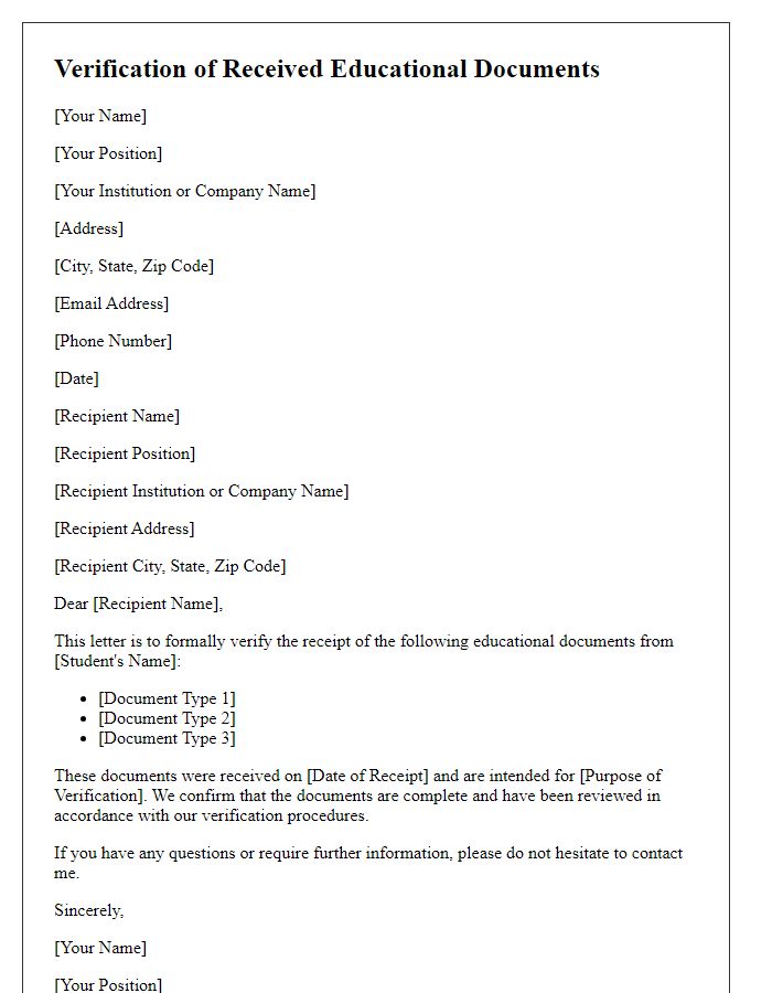 Letter template of verification for received educational documents