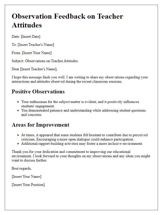 Letter template of communicating observations on teacher attitudes.