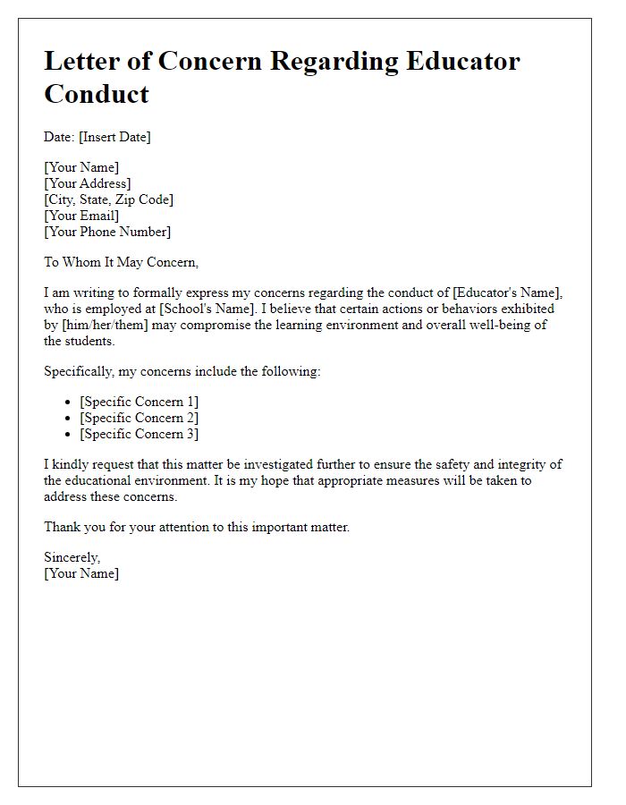 Letter template of expressing concerns regarding educator conduct.